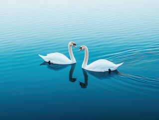 Obraz premium Two Graceful Swans Swim Together On Calm Blue Water