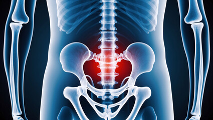 X Ray Scan Showing Human Bones with Red Sign at Back Pain Area Perfect for Medical Research and Educational Applications