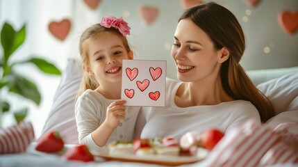 Daughter's Love: A heartwarming moment of pure love and affection, as a little girl presents her mother with a hand-drawn card filled with hearts. Their smiles radiate joy and tenderness.