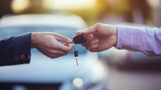 Handing Over Keys: A close-up shot of car keys being exchanged between two individuals, symbolizing a successful transaction or new beginning. The blurred car in the background adds depth and context.