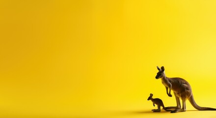 Fototapeta premium Adult and baby kangaroo against vibrant yellow background