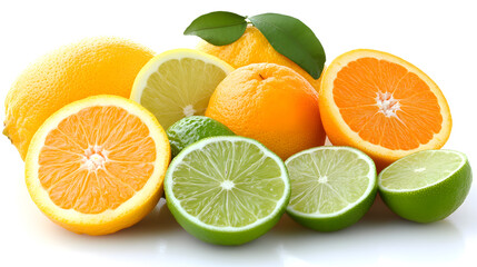 A vibrant collection of fresh citrus fruits: oranges, lemons, limes, and a lemon-lime.  Slices showcase their juicy interiors against a bright white background.