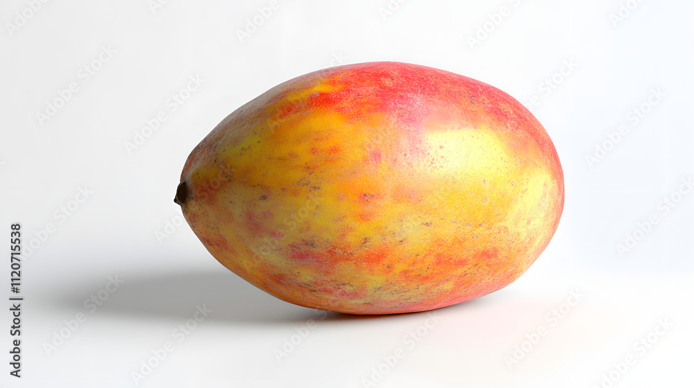 Canvas Prints A single ripe mango rests on a white background. Its skin displays a vibrant blend of red and yellow hues, showcasing its juicy and sweet nature.