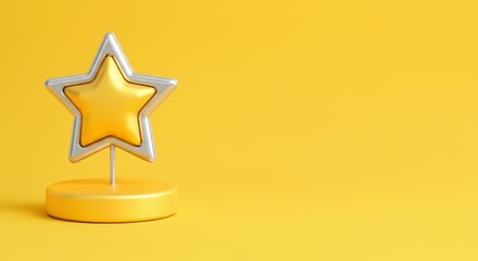 Obraz premium Shiny gold star trophy on yellow background, symbolizing achievement and success