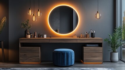 Modern vanity with illuminated round mirror, wooden drawers, and blue ottoman.