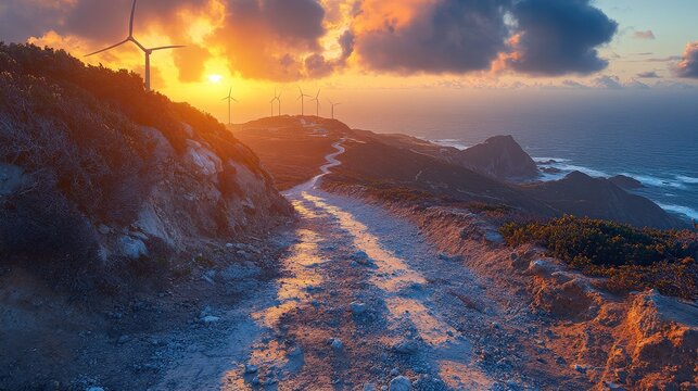 Scenic Sunset Over Coastal Pathway with Wind Turbines in Background, Capturing the Beauty of Nature and Renewable Energy at Dusk