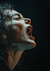 Fototapeta premium Close-up of a woman yelling with wild hair backlit by soft light