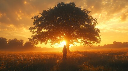 Fototapeta premium Silhouette of person standing under a large tree at sunrise in a misty field.