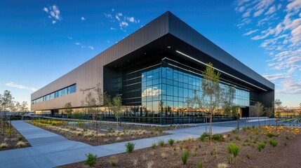 Obraz premium Modern black glass building with landscaped grounds.