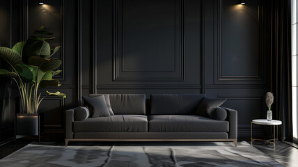 Sleek Sophistication Black Living Room Interior with Sofa, Creating a Minimalist Oasis, 3D Render