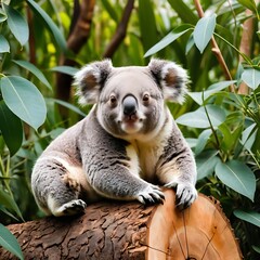 Fototapeta premium Chilled Koala is Lounging on a Tree Stump. generative by AI