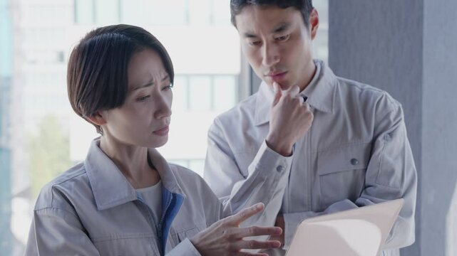 作業着を着た話すビジネスマン