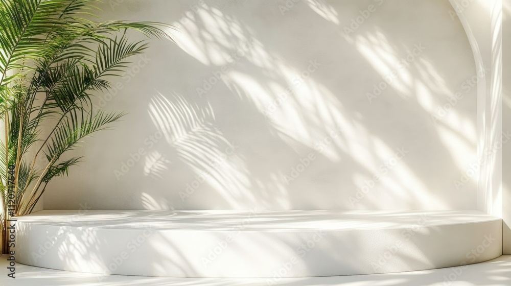 Poster minimalist white curved surface with soft sunlight and palm leaf shadows for tranquil interior desig