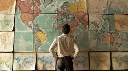 Obraz premium Man studying vintage world maps on wall.