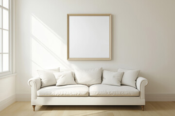 A wooden mock up frame on the wall in a modern luxury minimalist living room with a beige sofa
