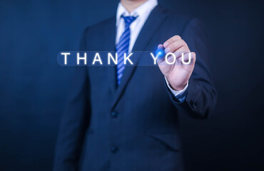 Thank you business for presentation, Display a message in front of virtual, Business write the message thank you to express gratitude for talk, Innovation technology and acknowledgment concept.  