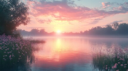 Fototapeta premium Serene sunrise over misty lake with wildflowers.