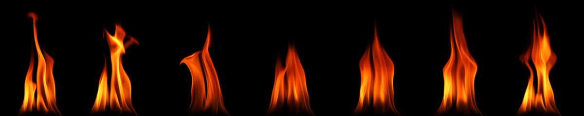 Set abstract flames isolated, Side view flame effect texture isolated is divided into parts on the black background, burn of fire blaze at night