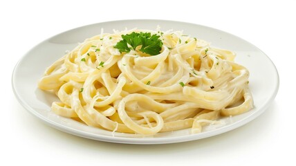 Realistic and finely detailed shot of a plate of creamy Alfredo pasta
