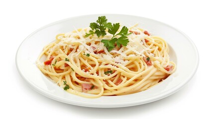 Realistic and finely detailed shot of a plate of creamy Alfredo pasta
