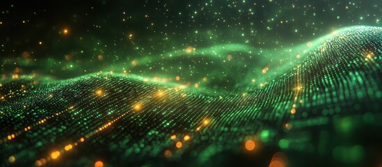 Abstract green wave with glowing particles.