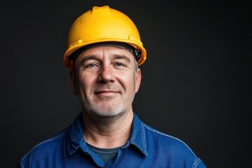 Portrait of a Happy Worker in Blue Uniform and Yellow Hardhat