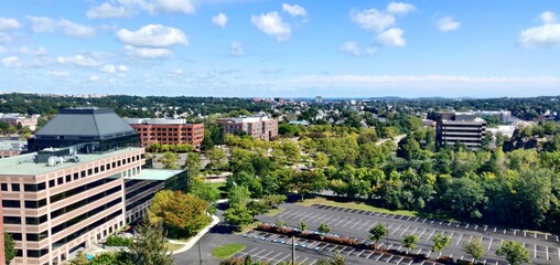 Aerial View of Urban Landscape with Buildings and Trees Under Blue Sky