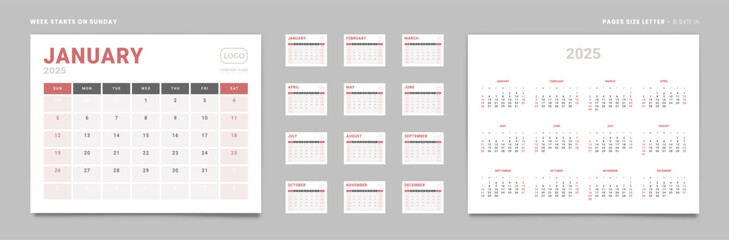 Set of 12 Pages Monthly Calendar Planner Templates and annual. Vector layout of a wall or desktop calendar with the week starting on Sunday ready for printing. Page size Letter -8.5x11