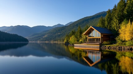 Fototapeta premium Luxury lakeside cabin with stunning mountain and forest views, reflecting on calm waters, a serene getaway for relaxation and nature lovers