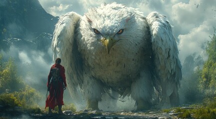 A lone figure confronts a colossal white eagle in a dramatic mountain landscape.