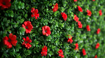 Artificial Grass Wall: Pretty fake grass wallpaper with red flowers.