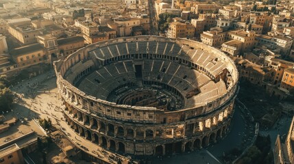 Aerial view of the Colosseum in Rome, Italy, at sunrise.