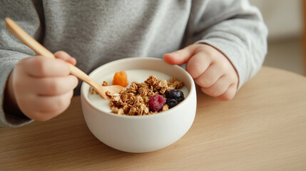 child enjoys bowl of granola with milk, featuring colorful berries and wooden spoon, creating playful and cozy breakfast scene