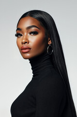 African American Model Black Model Wearing Straight Brazilian Wig Earrings and Lash Extensions Studio Shot Straight Hair Bundles Straight Hair Extensions