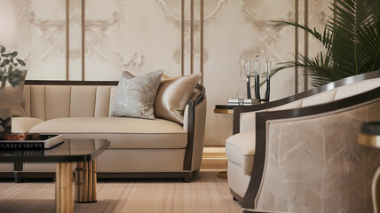 Beige upholstered sectional sofa and armchair, wood accents, glass-top coffee table, patterned wall panels, and a plant in a corner. Neutral color palette with beige and brown tones.