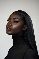 Fototapeta premium African American Model Black Model Wearing Straight Brazilian Wig Earrings and Lash Extensions Studio Shot Straight Hair Bundles Straight Hair Extensions