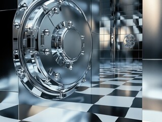 A Stunningly Rendered Interior of a High-Security Vault Featuring Shiny Metallic Surfaces and a Striking Black and White Checkerboard Floor Design