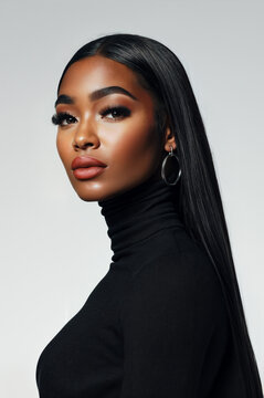 African American Model Black Model Wearing Straight Brazilian Wig Earrings and Lash Extensions Studio Shot Straight Hair Bundles Straight Hair Extensions