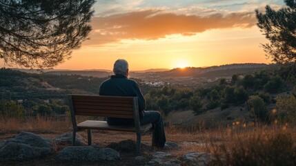 old lonely retired grandfather sitting on a bench