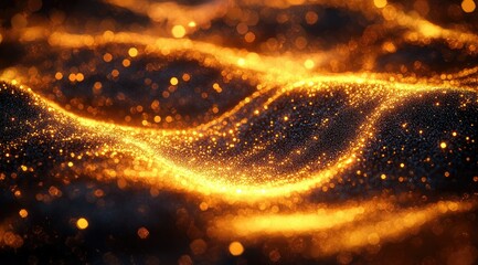 Abstract golden particles flowing like waves, shimmering with light.