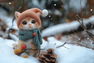 Fototapeta premium Share warm hearts on Christmas in cold winter. Fox, Rudolph, squirrel, cat, dog, snowman, Santa all make you happy.