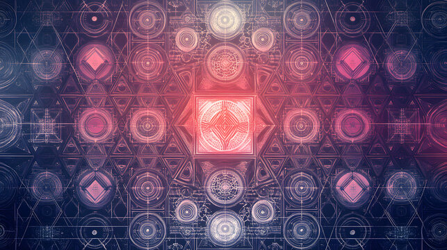 Intricate geometric pattern in shades of pink and purple. A symmetrical design featuring circles, squares, and triangles, creating a complex, almost technological aesthetic.