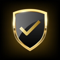 Golden Check mark, Gold black shield Realistic armory trophy with metal coat, tick icon protection emblem, vintage Approved Label shiny royal award. vector design illustration on dark background 