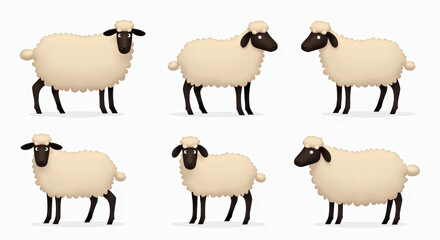 Cute Sheep Illustration Set Featuring Six Fluffy Cartoon Sheep Perfect for Children's Books and Educational Materials.