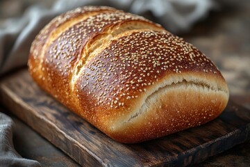 Rustic whole grain bread loaf on wooden board with sesame seeds and wheat stalks in warm natural light