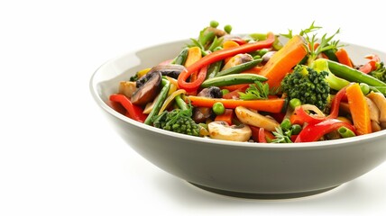 Realistic image of a colorful vegetable stir-fry in a white bowl
