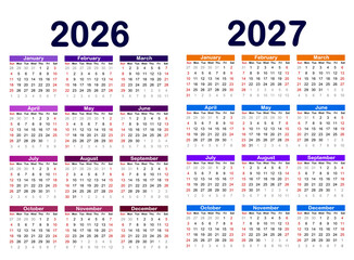 Calendar 2026,2027 years.Simple template. Week starts Sunday,template of pocket or wall calenders,Portrait orientation,English.