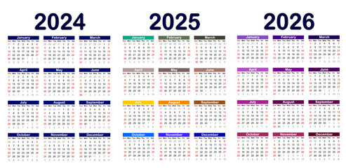 Calendar 2024,2025,2026 years.Simple template. Week starts Sunday,template of pocket or wall calenders,Portrait orientation,English.