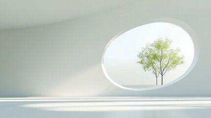 Obraz premium Minimalist Interior with Oval Window and Tree
