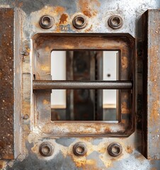 Close-Up View of Rusted Industrial Metal Frame with Square Opening and Texture Detail Highlighting Weathered Steel Surfaces and Corrosion Patterns